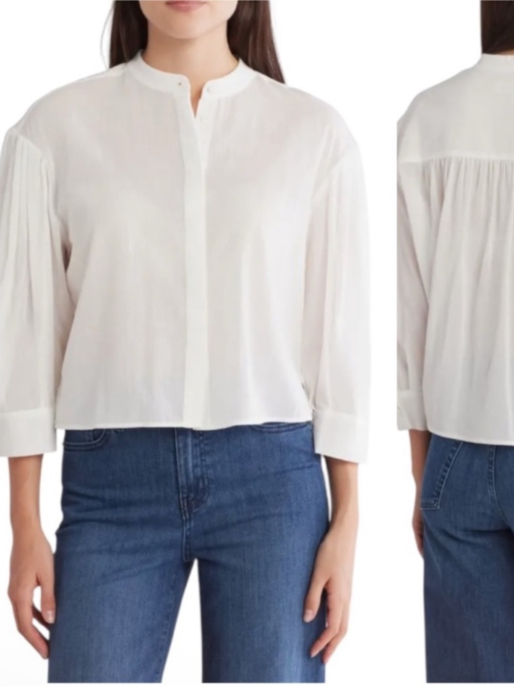 NWT Frame White Puff Sleeve Crop Poplin Button Front Shirt Size Large